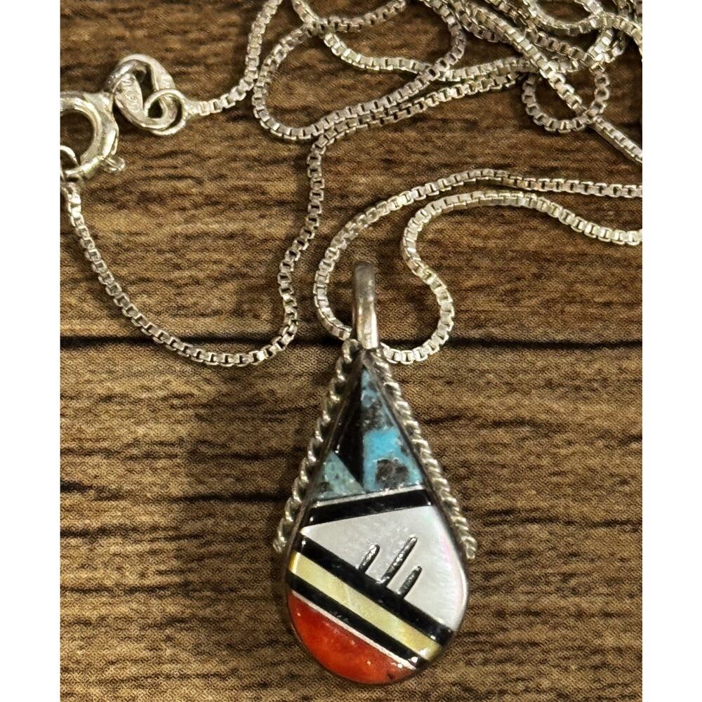 Vintage ECK Sterling Silver Zuni Inlay Pendant W/ Necklace Turquoise Coral MOP